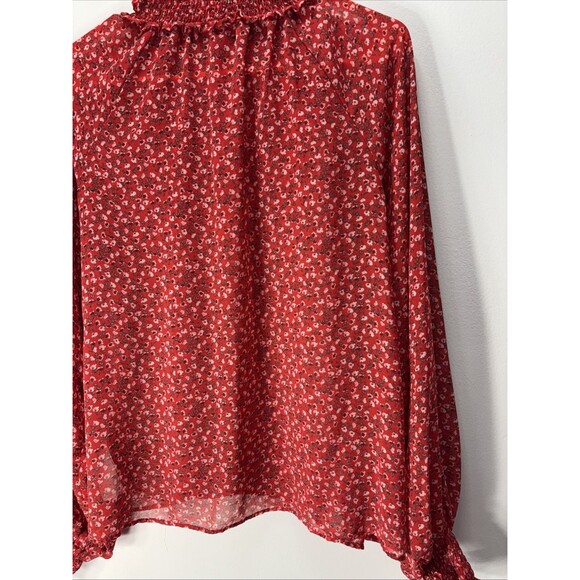 GAP Red & White Dainty Floral Chiffon Long Sleeve Mock Neck Ruffle Blouse M - Picture 8 of 11
